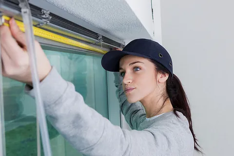 mujer midiendo ventana